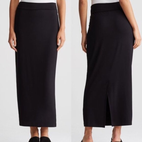 EILEEN FISHER Pull On Foldover Waist Pencil Skirt Solid Black Slit Maxi Skirt XS - Picture 1 of 14